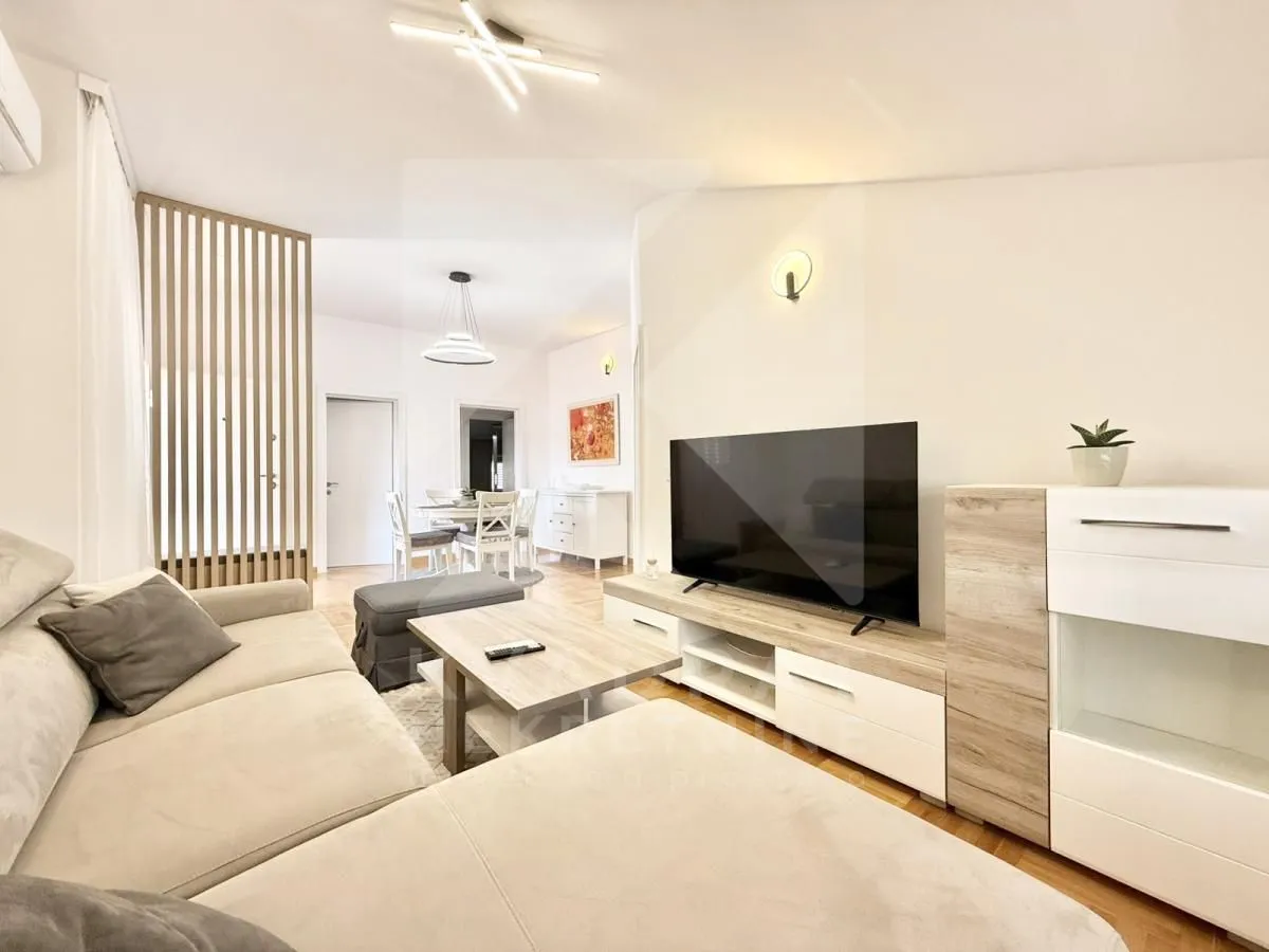 Spacious living room with a sofa and television.