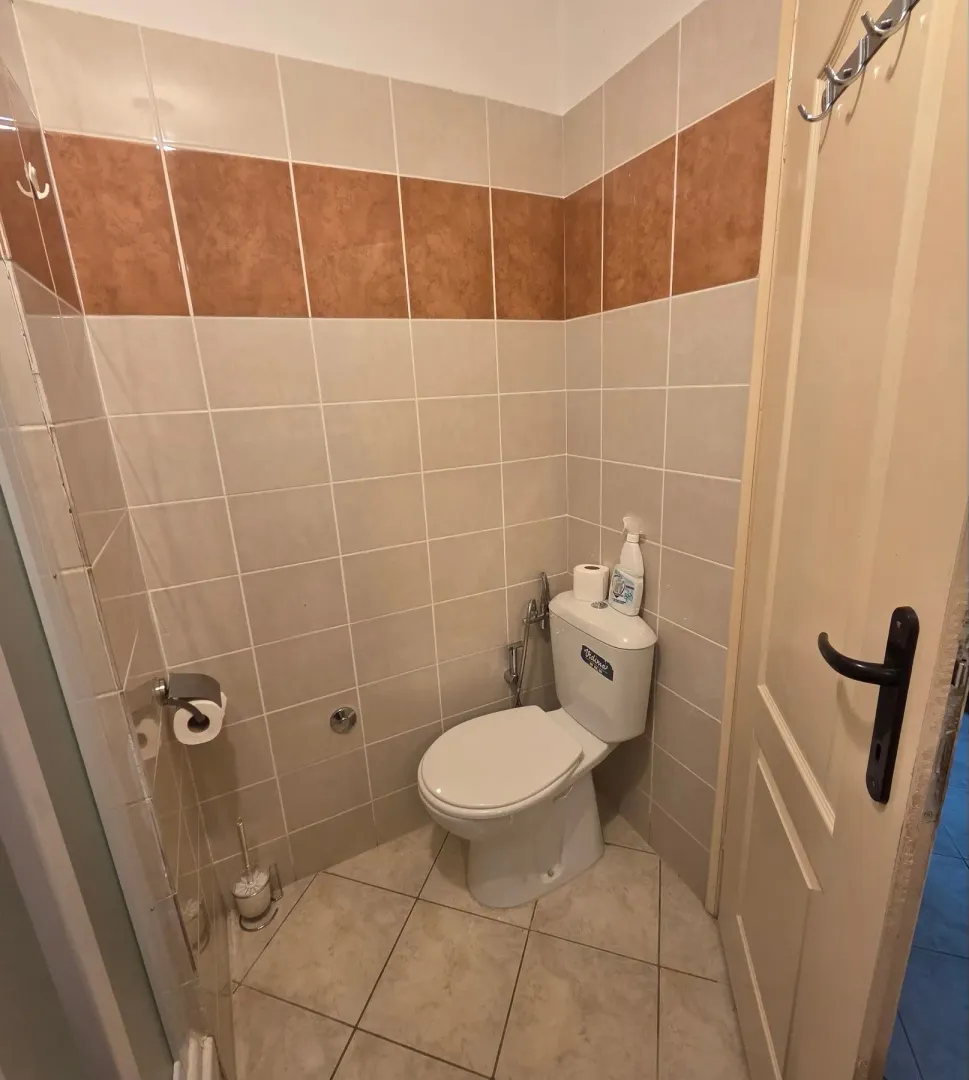 Small bathroom with a toilet and ceramic tiles.