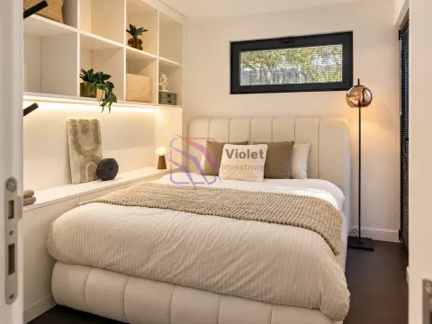 Modern bedroom with a double bed, built-in shelving, and decorative lighting. - image 15