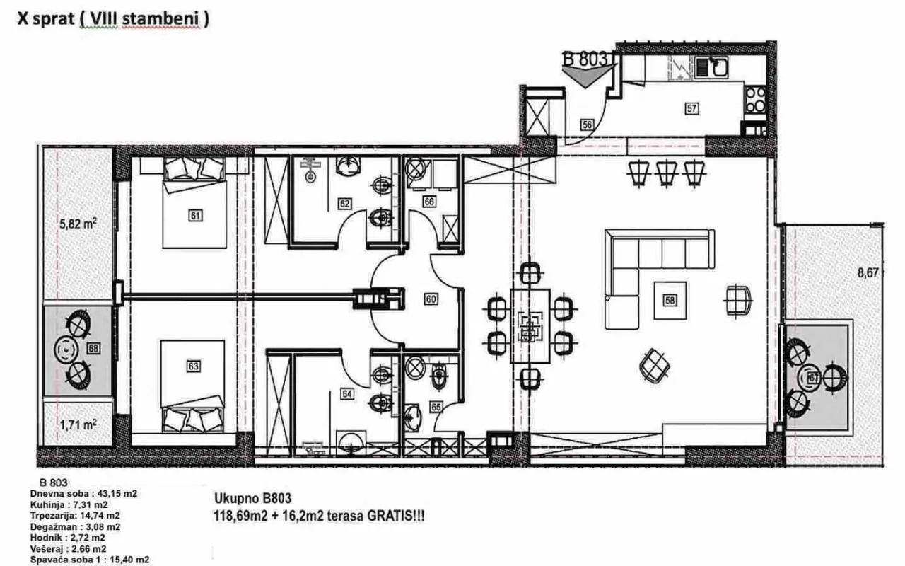 Sale, two bedroom apartment, 134m², Budva, Crna Gora