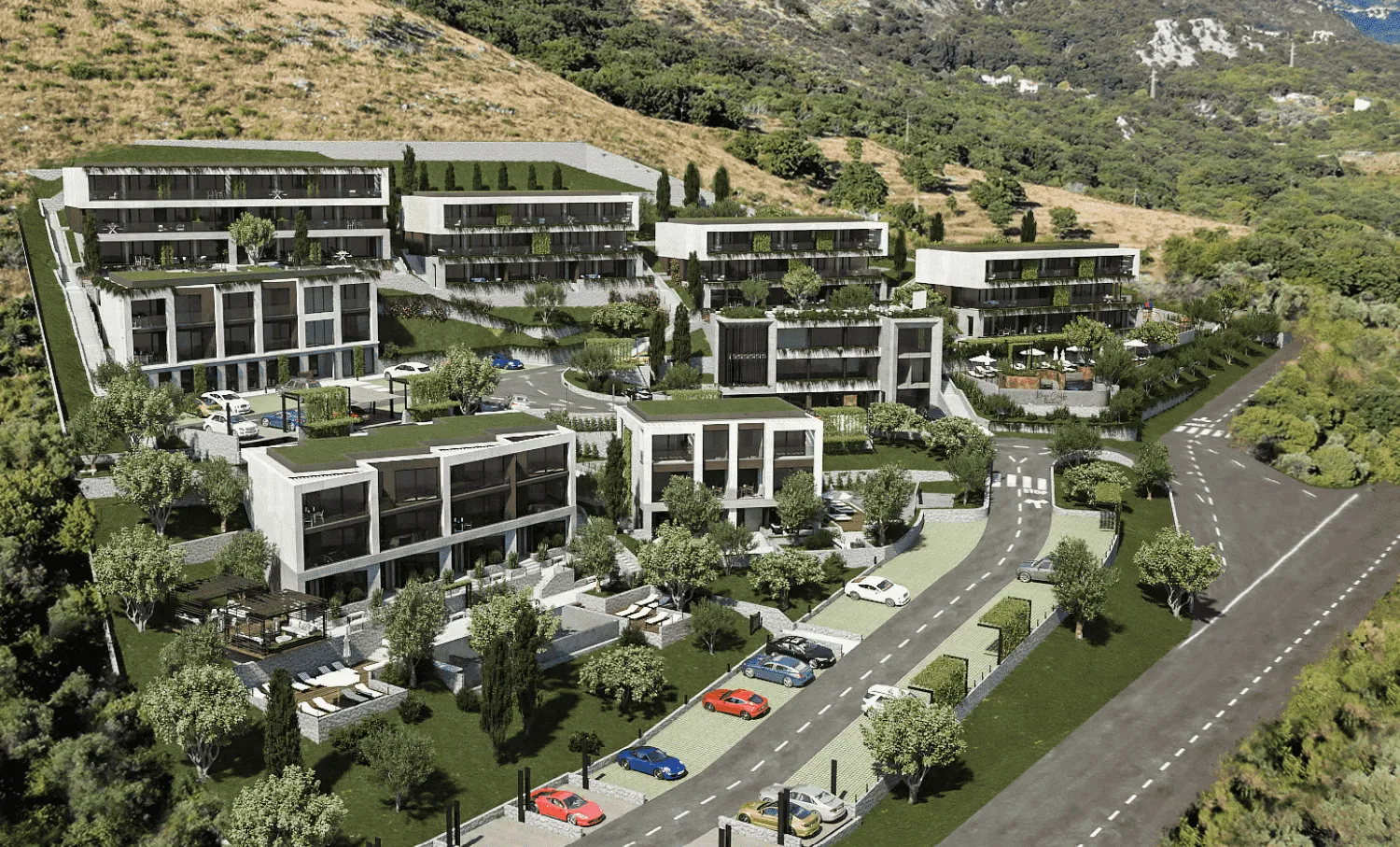 Render kompleksa zgrada sa uređenim zelenilom i parkingom.