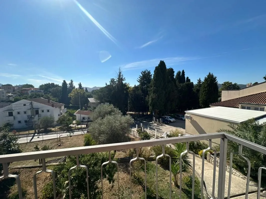 View from the balcony overlooking the surrounding greenery, houses, and street.