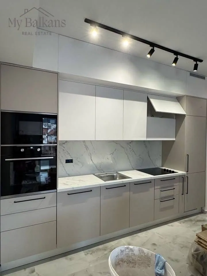 Modern kitchen with built-in appliances and a marble backsplash.
