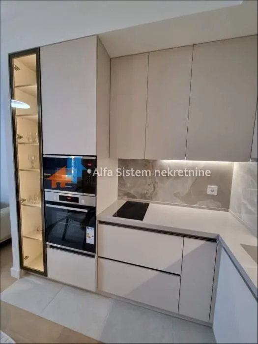 Modern kitchen with built-in appliances and beige cabinetry.