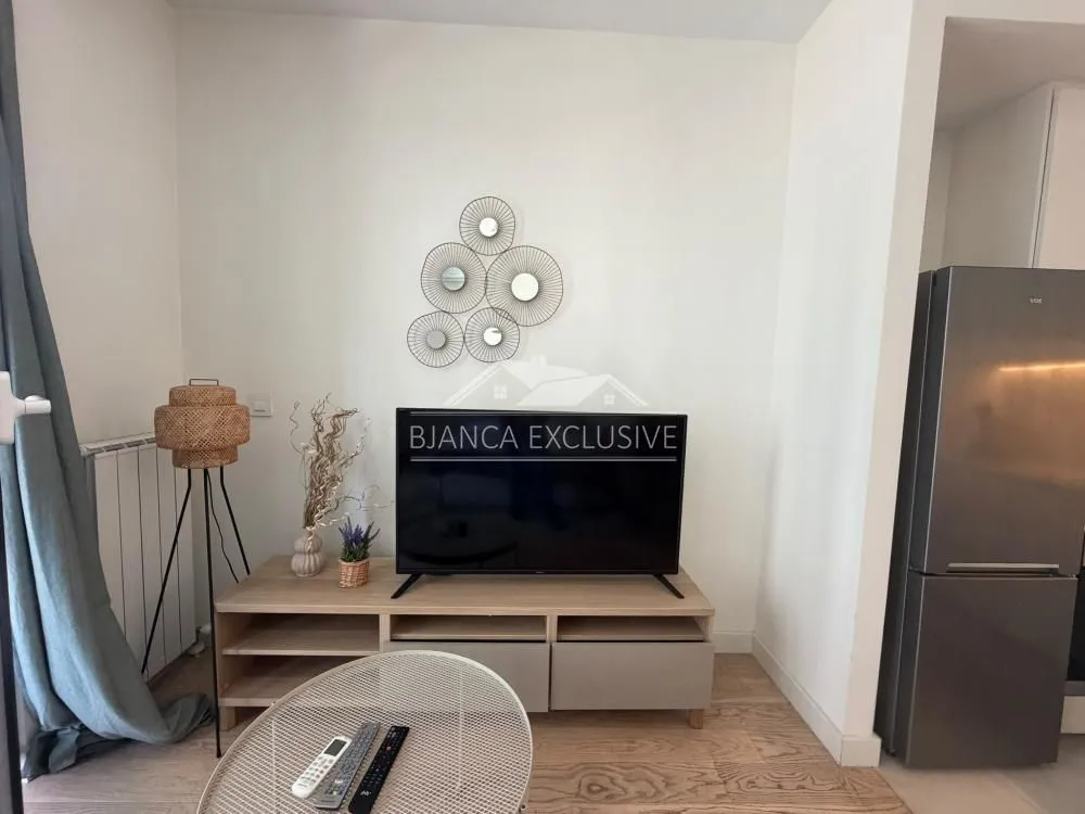 Pogled na deo dnevnog boravka sa televizorom i dekorativnim elementima.
