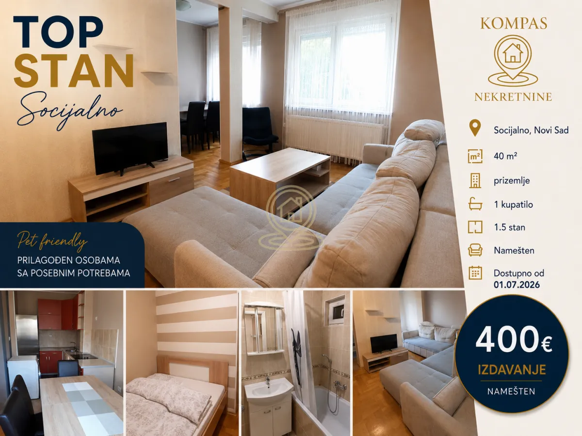 Izdavanje, jednosoban stan, 40m², Socijalno, Novi Sad Sve Podlokacije