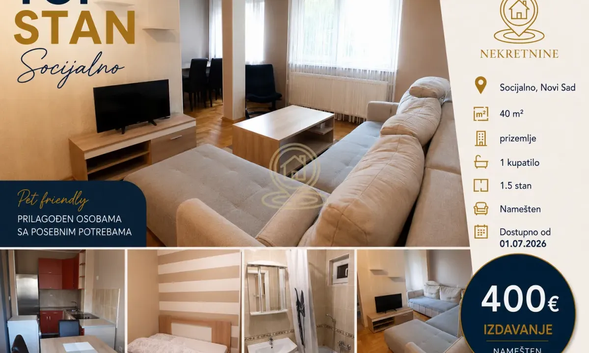 Izdavanje, jednosoban stan, 40m², Socijalno, Novi Sad Sve Podlokacije