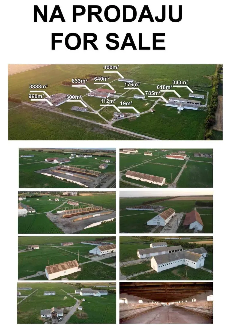 Kolekcija fotografija iz vazduha prikazuje poljoprivredni kompleks sa objektima i okolnim zemljištem.