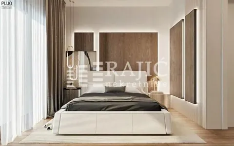 Modern bedroom with a double bed and decorative wooden wall panels. - image 5