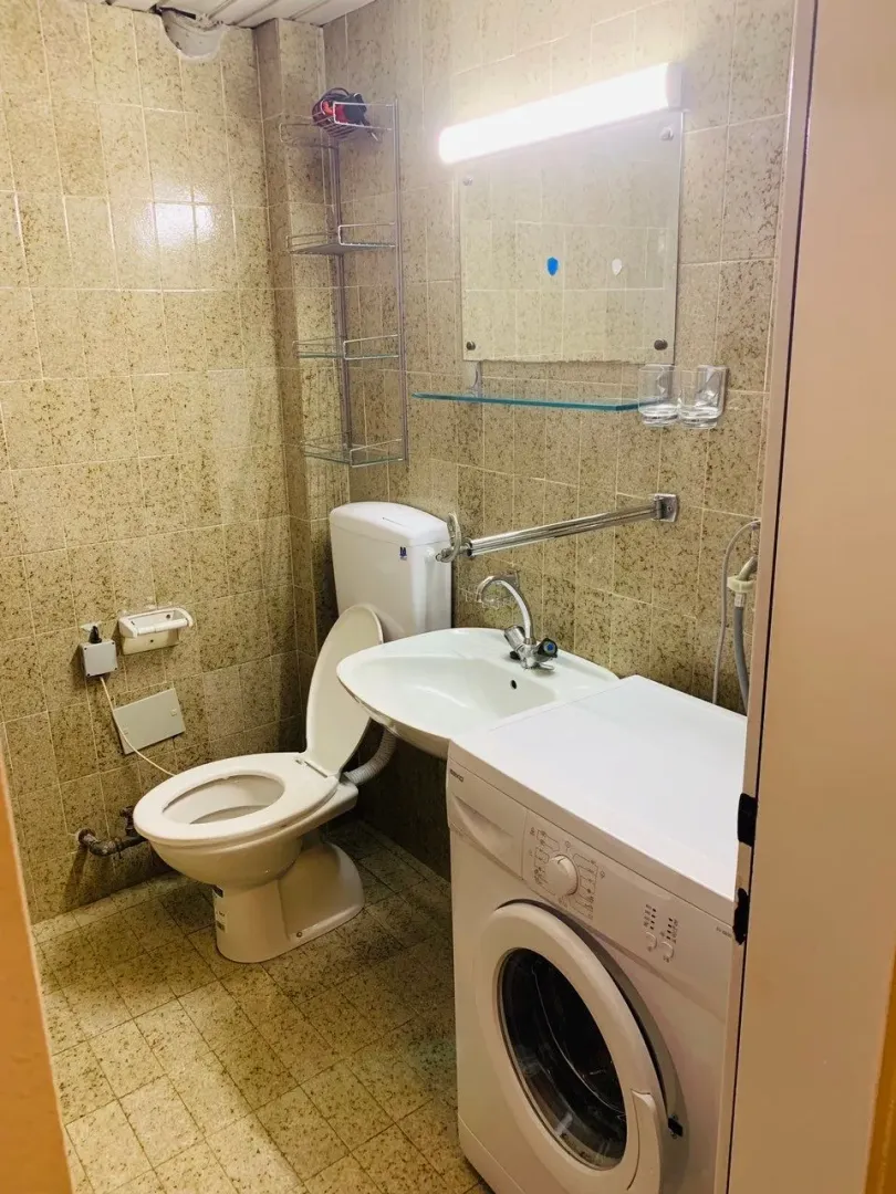 Manje kupatilo sa WC šoljom, umivaonikom i veš mašinom.
