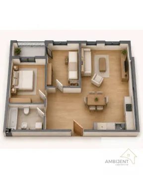 Trodimenzionalni plan stana sa rasporedom prostorija i nameštajem. - image 4