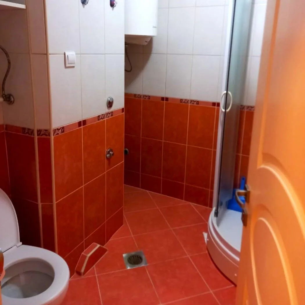 Manje kupatilo obloženo narandžastim i bijelim pločicama sa tuš kabinom i toaletom.