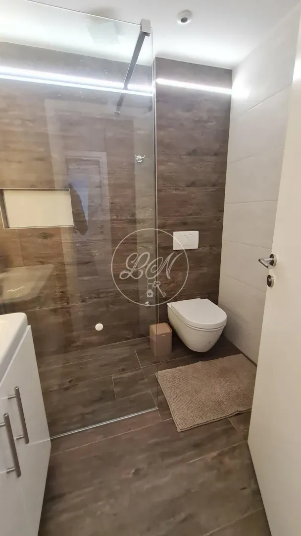 Modernly equipped bathroom with a walk-in shower and toilet.