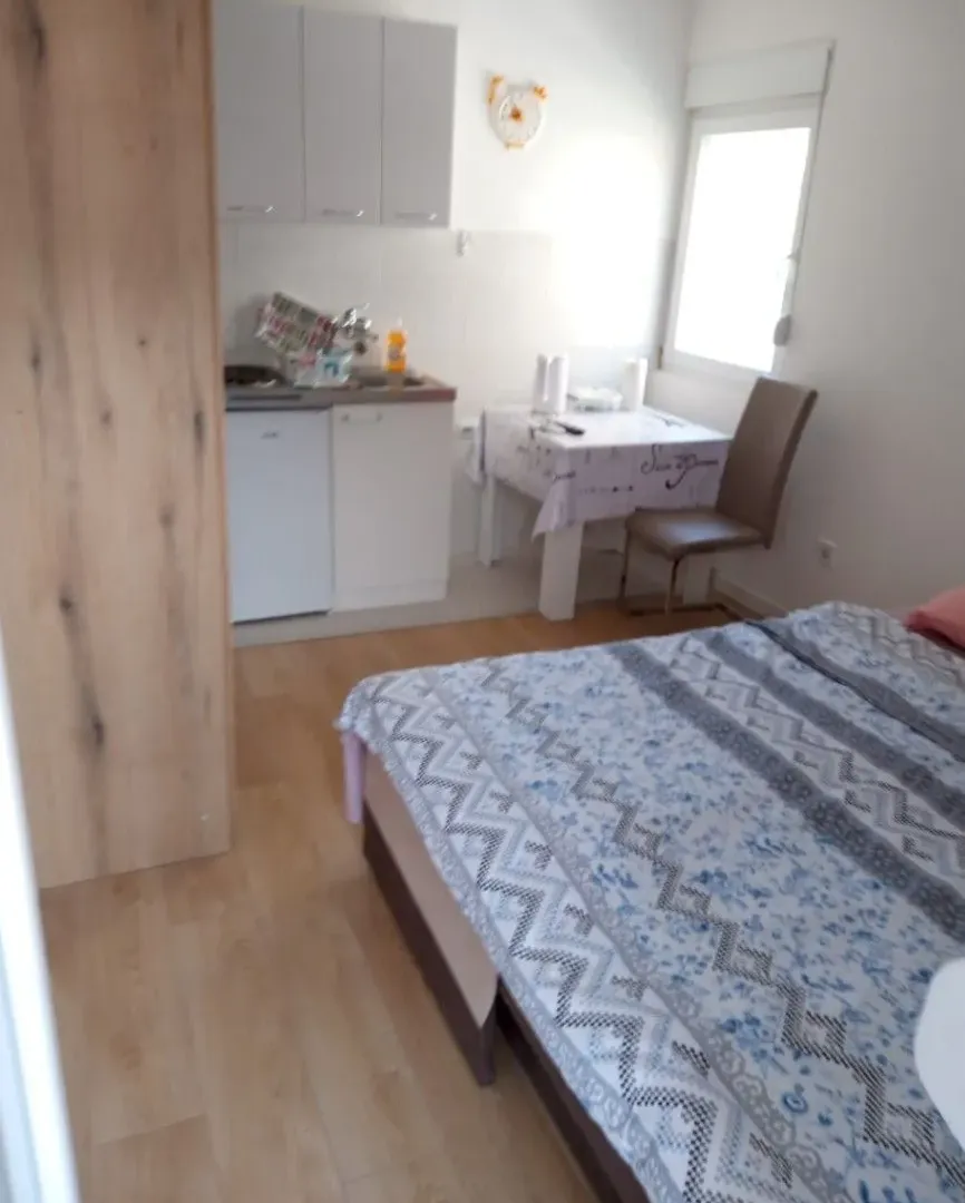 Studio apartment with a bed, kitchen, and dining table.