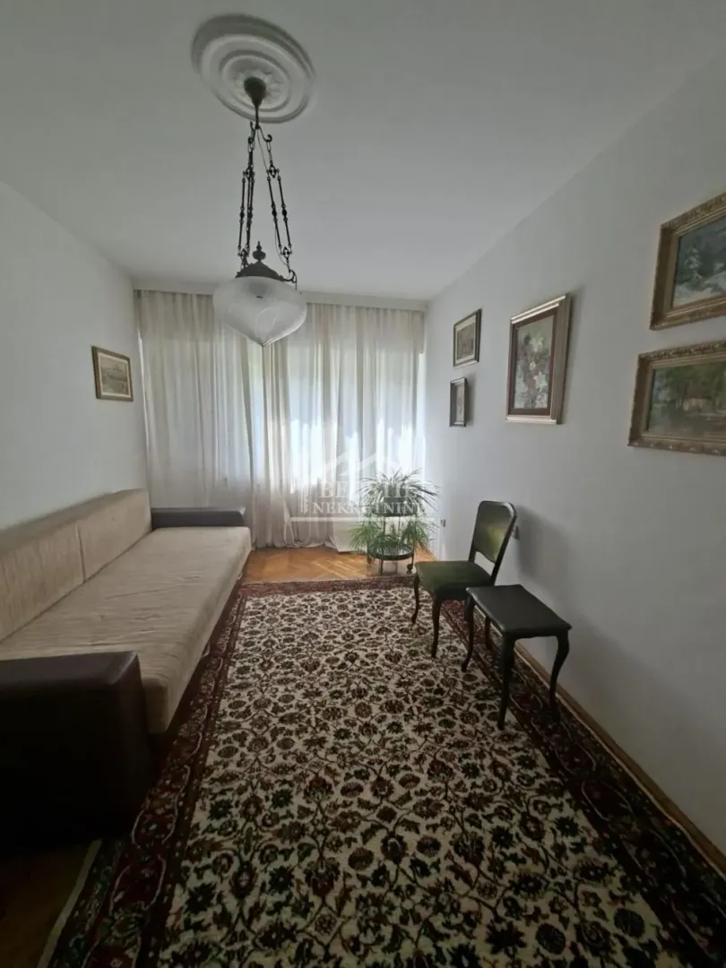Living room with a sofa, a rug, and pictures on the wall.