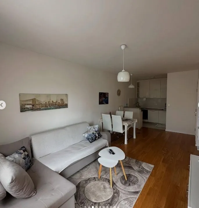Living room with sofa and dining area in the back.