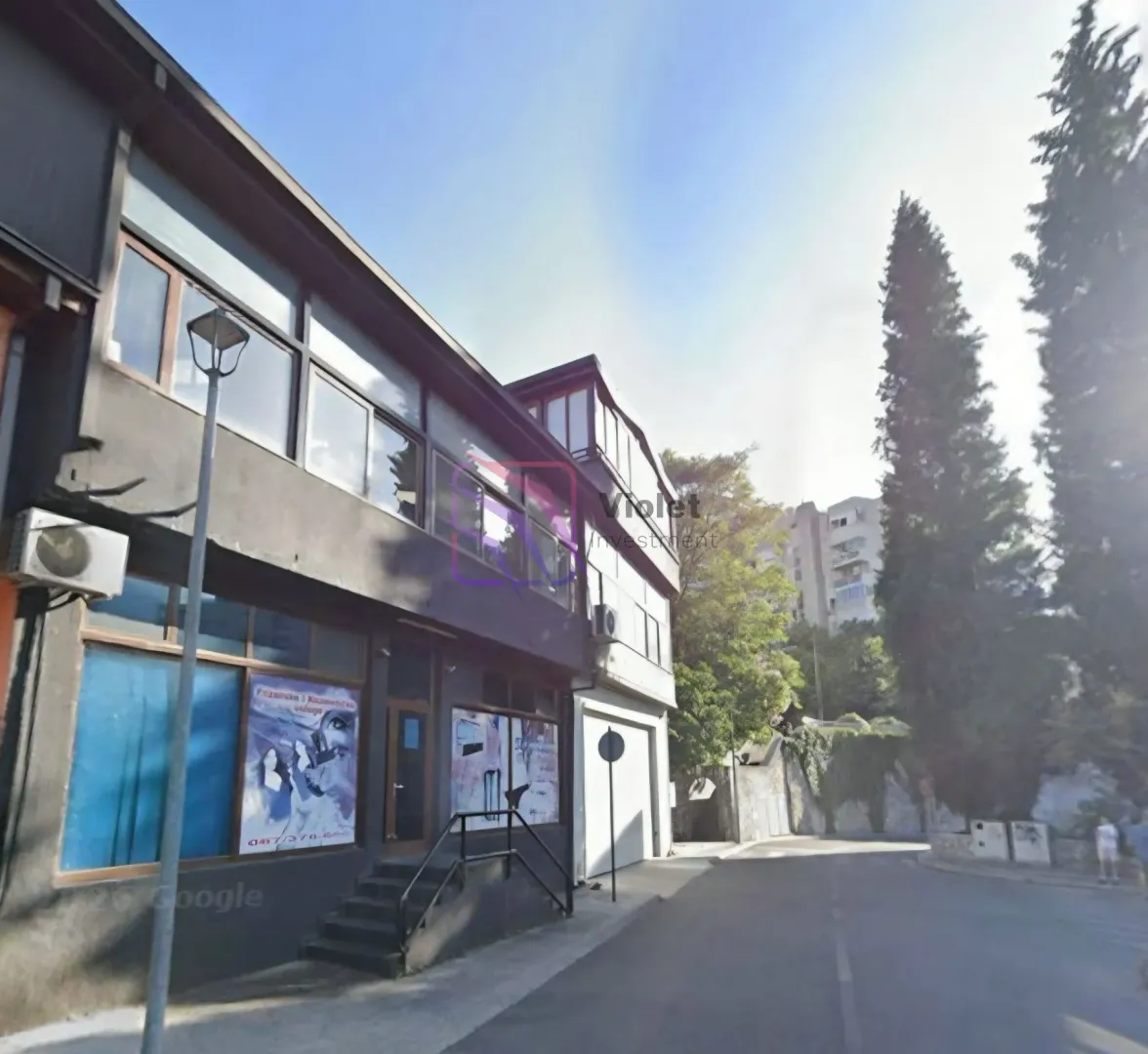 Exterior view of the commercial building with street and greenery.