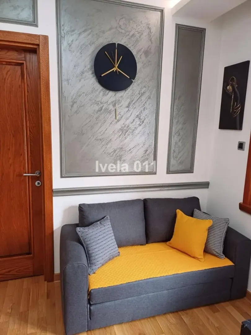 Smaller living room with a grey sofa and decorative wall.
