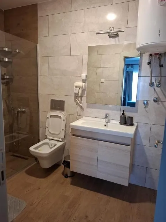 Modern bathroom with a walk-in shower, vanity sink, and toilet.