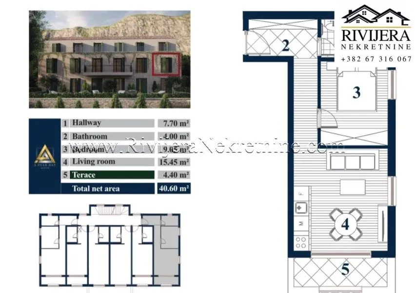Sale, one bedroom apartment, 41m², Prčanj, Kotor