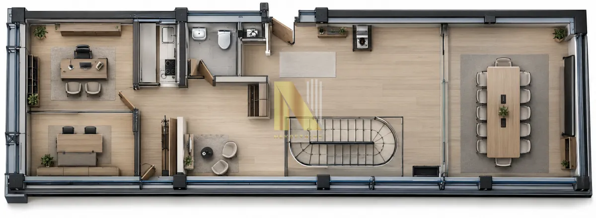 Three-dimensional floor plan view of the office space with furniture.