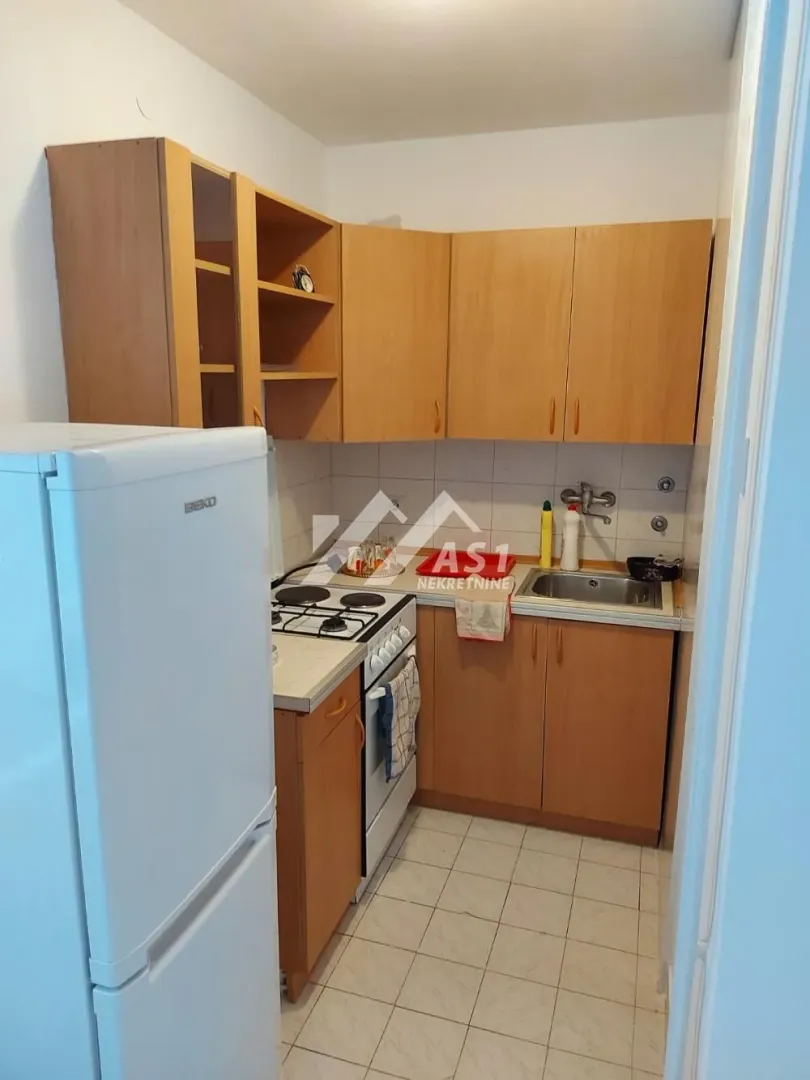 Manja kuhinja sa drvenim elementima i belim frižiderom.