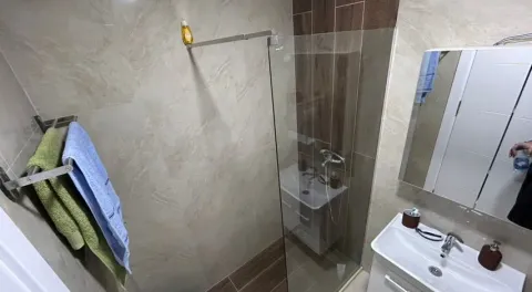 Small bathroom with a walk-in shower, washbasin, and mirror. - image 6