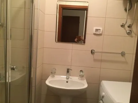 Manje kupatilo sa umivaonikom, tuš kabinom i keramičkim pločicama. - image 9