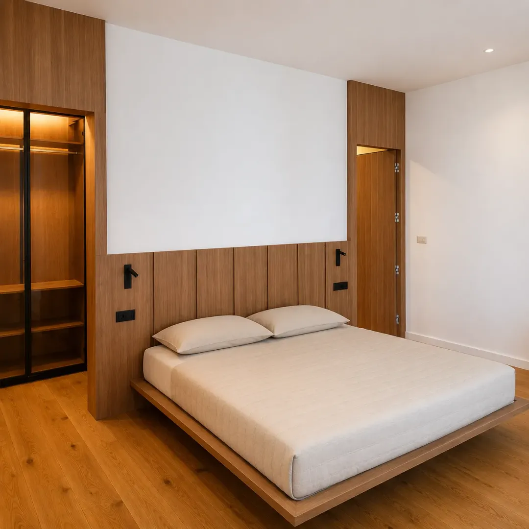 Modern bedroom with a double bed and wooden wall panels.