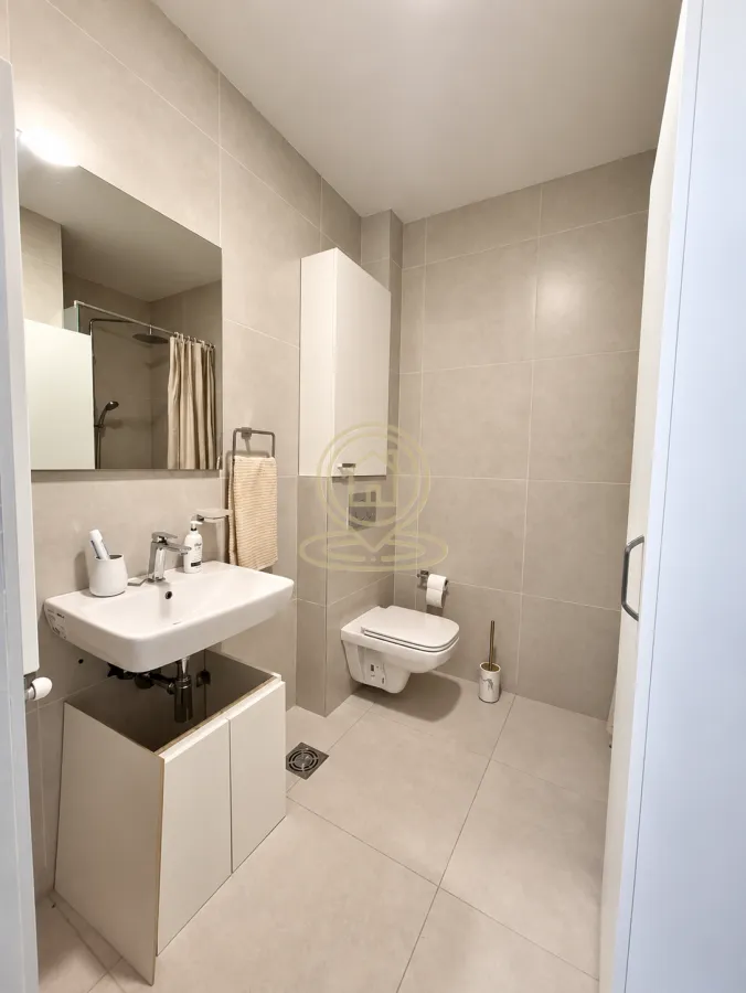 Modernly equipped bathroom with a washbasin, toilet, and mirror.