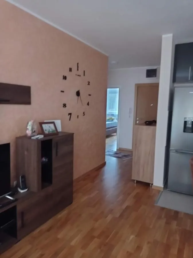 Dnevni boravak sa drvenim podom, velikim zidnim satom i pogledom prema hodniku.