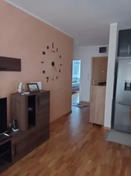 Dnevni boravak sa drvenim podom, velikim zidnim satom i pogledom prema hodniku. - image 3