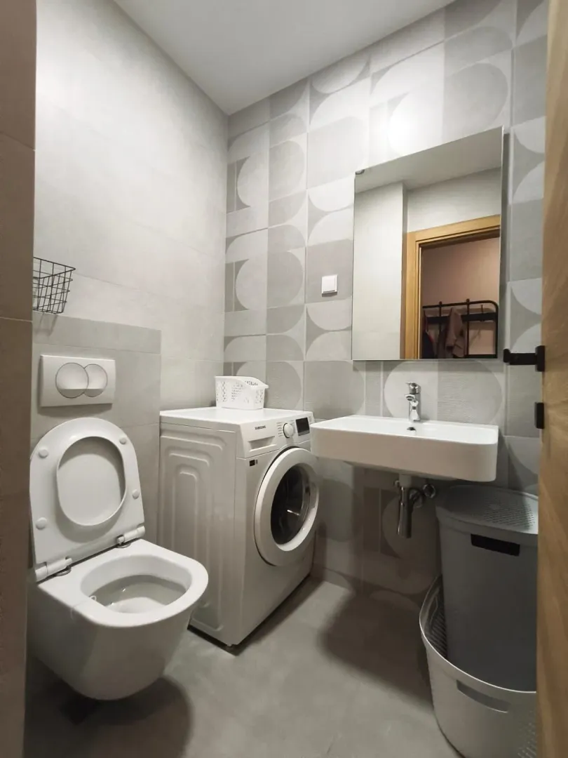Modern bathroom with a washbasin, toilet, and washing machine.