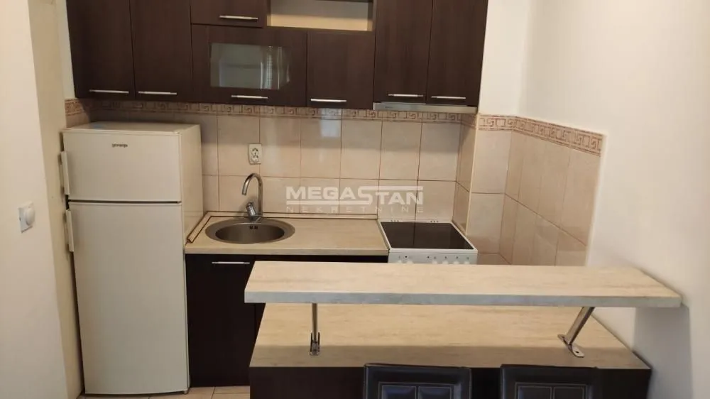 Manja kuhinja sa tamnim drvenim elementima, frižiderom i šankom.