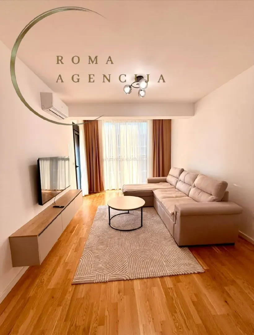 Bright living room with sofa and TV unit.