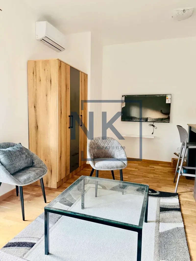 Living room furnished with furniture, a television, and an air conditioning unit.