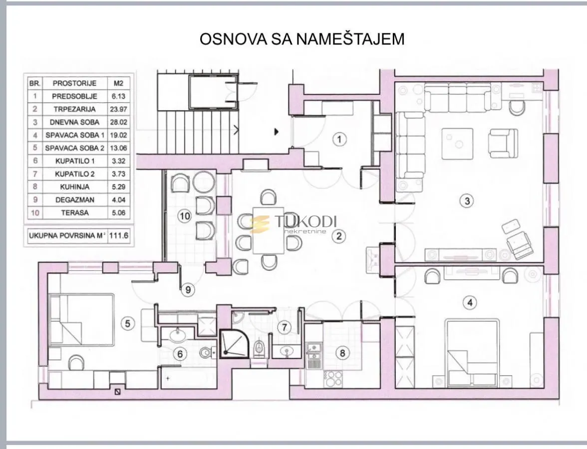 Osnova stana sa rasporedom prostorija i nameštajem.