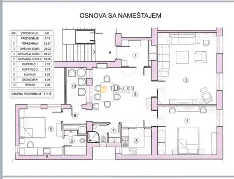 Osnova stana sa rasporedom prostorija i nameštajem. - image 21