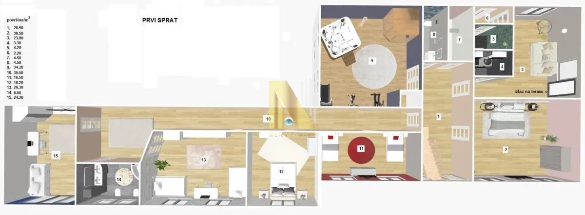 A 3D floor plan of the first floor with labeled rooms.