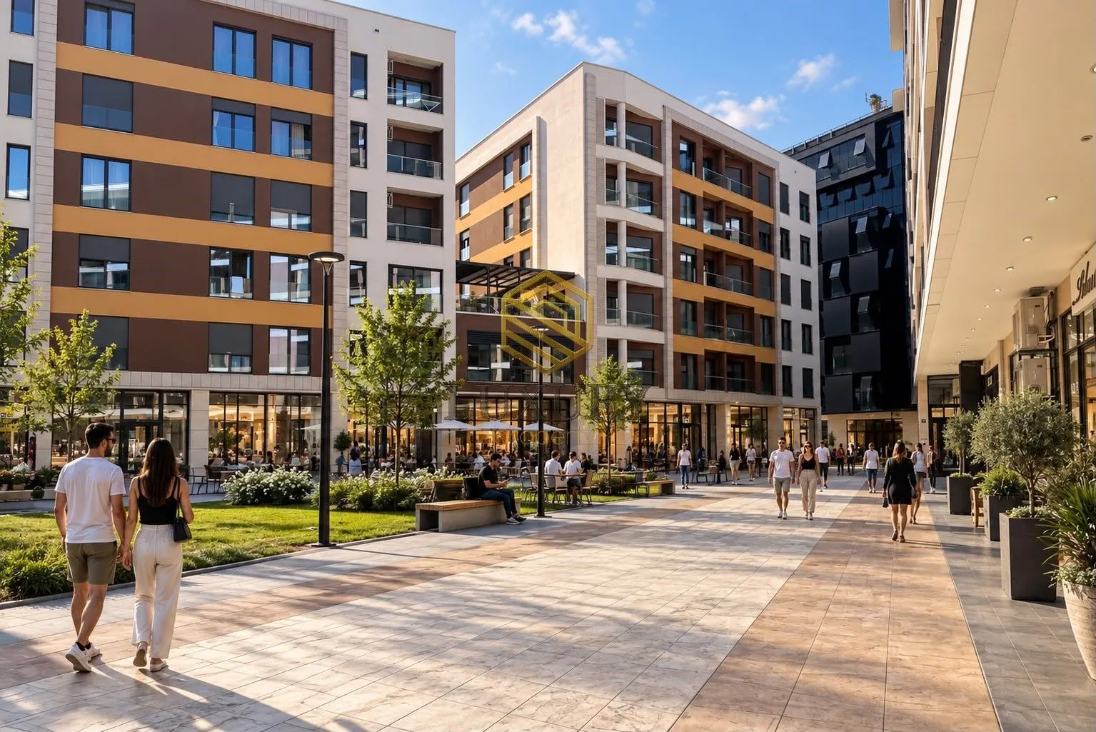 Exterior of a modern residential building with a promenade and ground-floor commercial spaces.