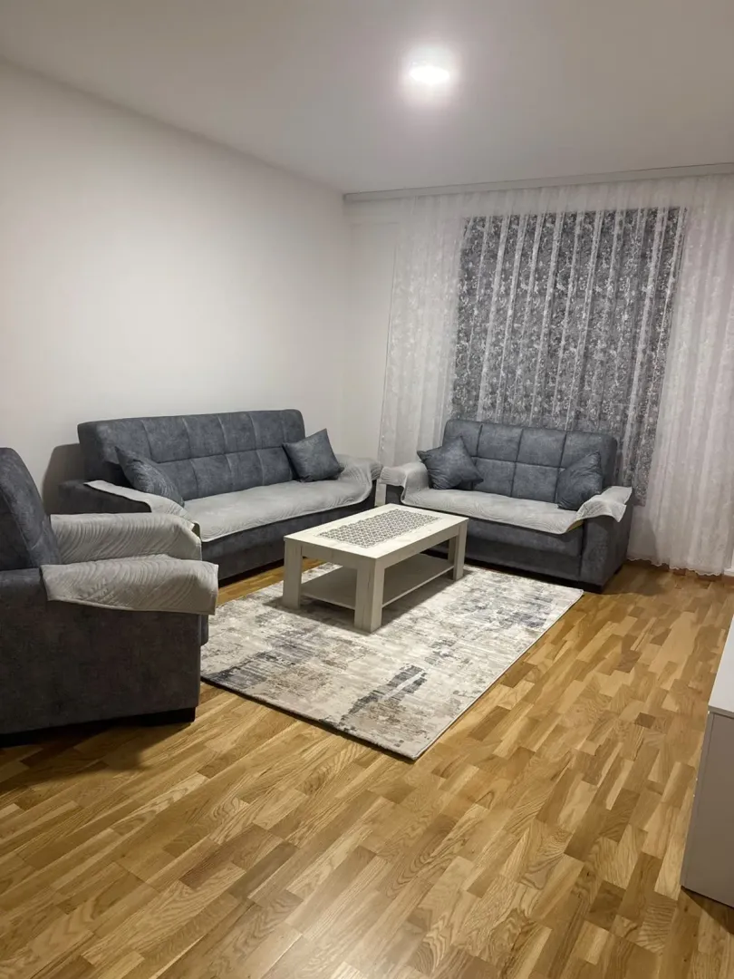 Living room with a seating set, coffee table, and rug.