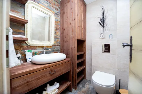 Modern bathroom with wooden elements, washbasin, and toilet. - image 4