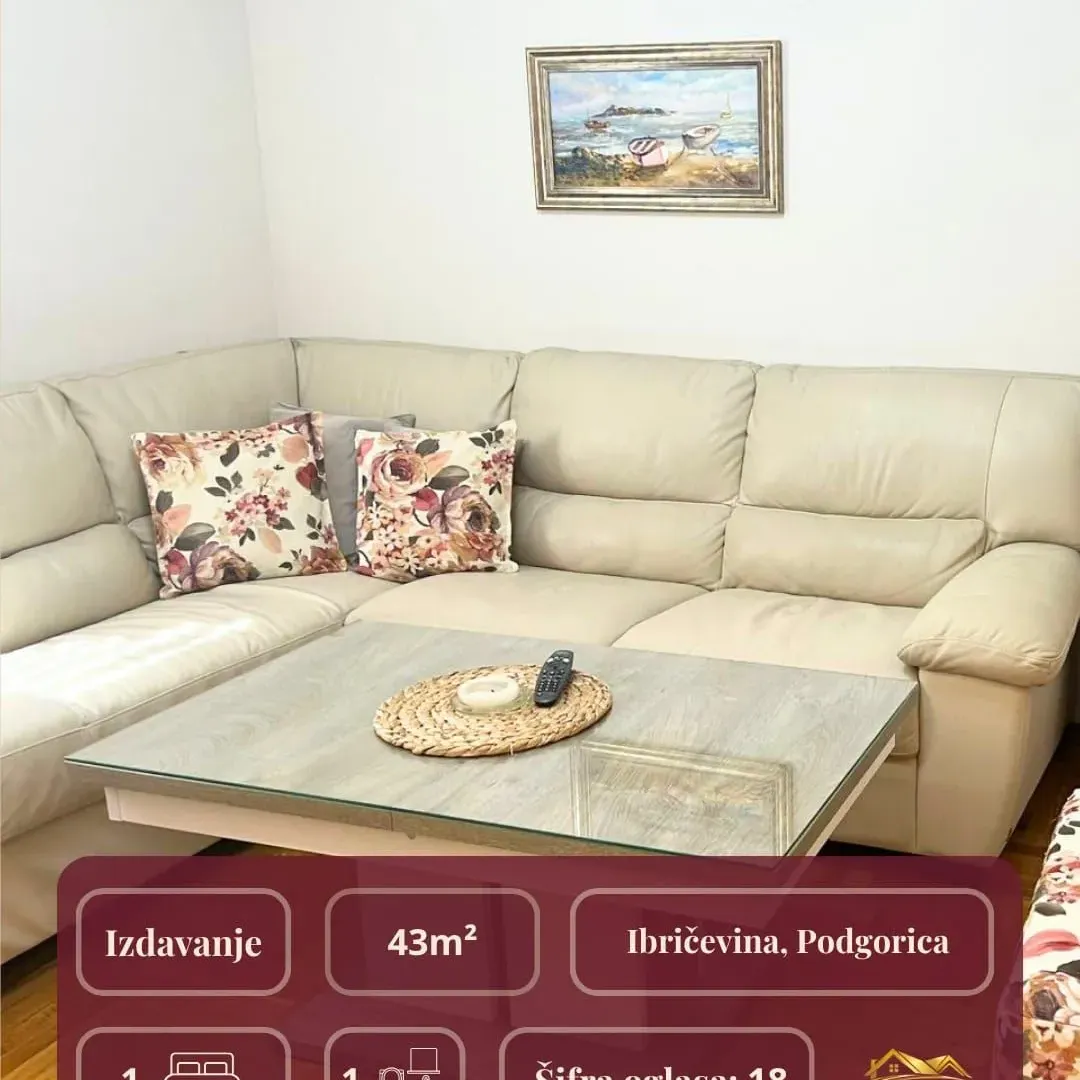 Izdavanje, jednosoban stan, 43m², Ibričevina, Podgorica