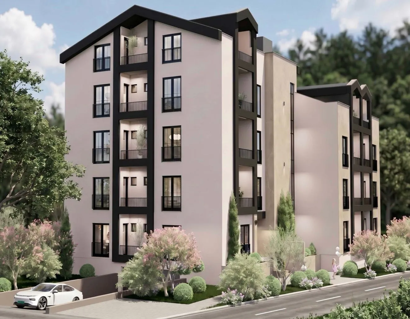 Spoljašnji izgled moderne stambene zgrade sa uređenim dvorištem i balkonima.