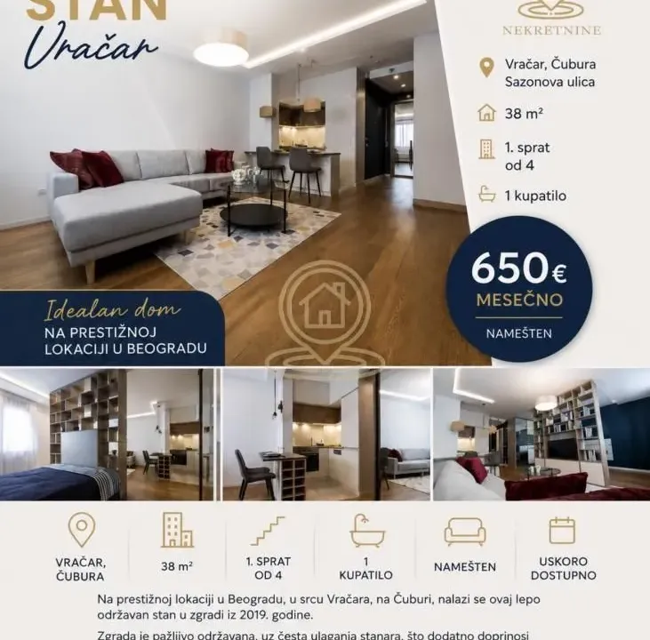 Rent, one bedroom apartment, 38m², Čubura, Beograd