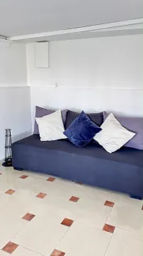 A dark sofa with decorative pillows in a bright room. - image 7