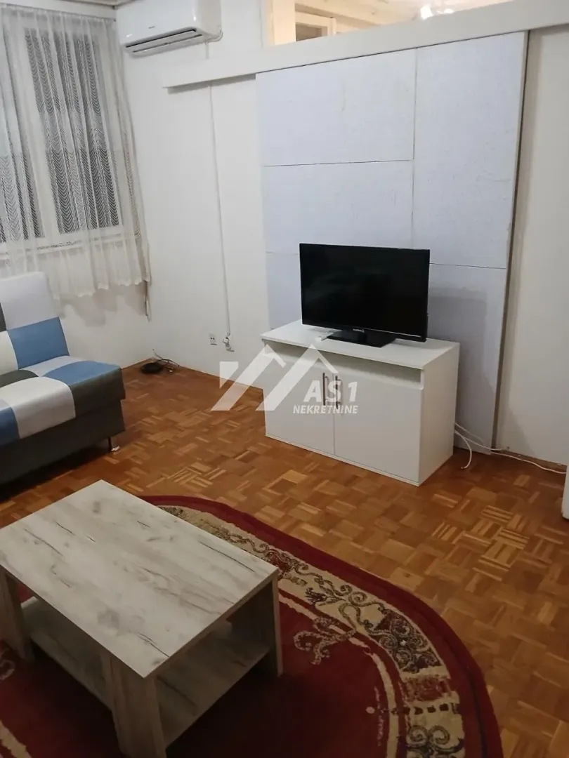 Living room with a sofa, television, and hardwood flooring.