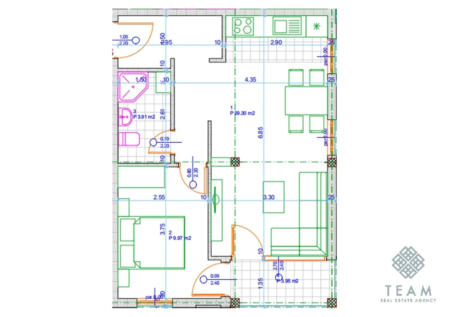 Detailed floor plan of the apartment with room dimensions.