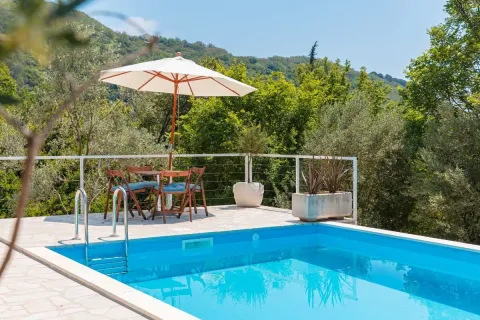 Swimming pool with a parasol, table, and chairs on a paved terrace overlooking greenery. - image 6