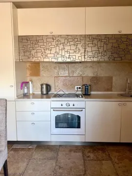 Small bright kitchen with built-in oven, hob, and stone wall details. - image 11